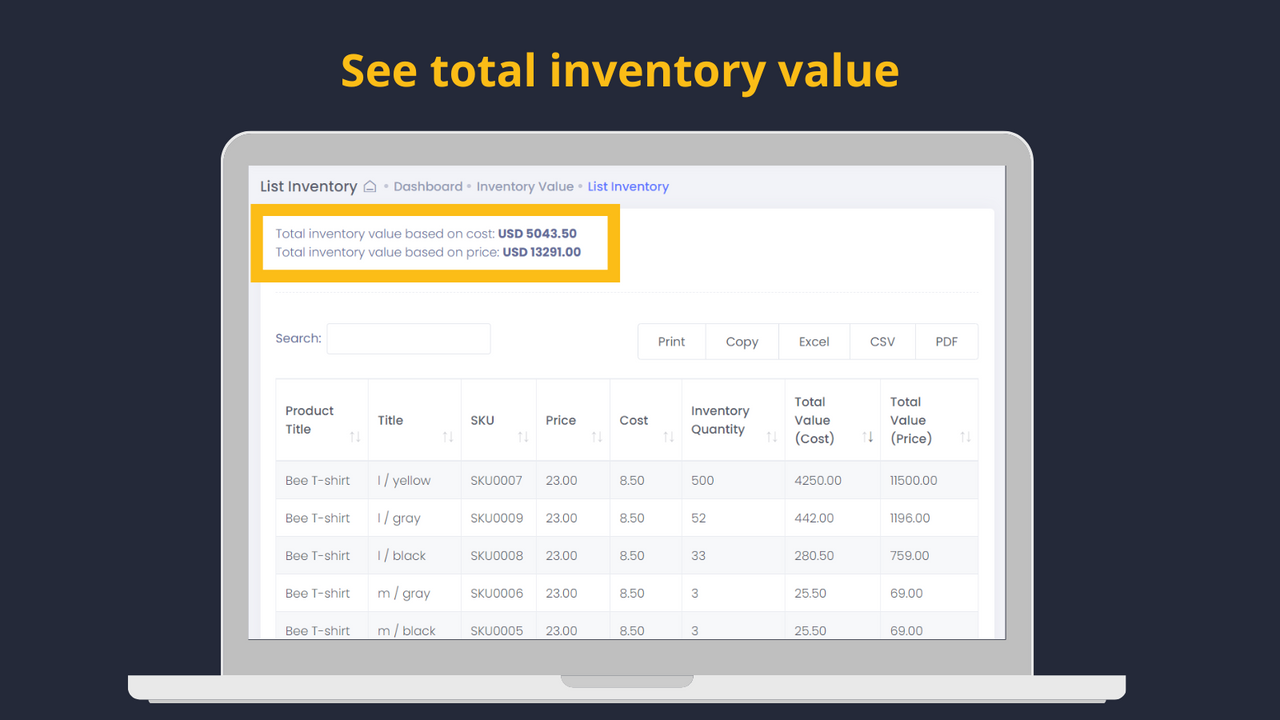 shopify total inventory value