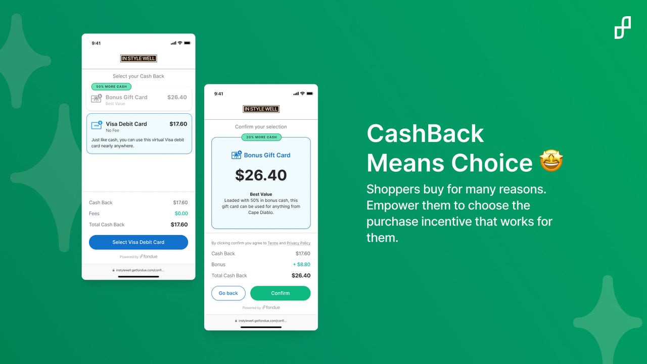 incentive selection screens showing variety in shopper choice