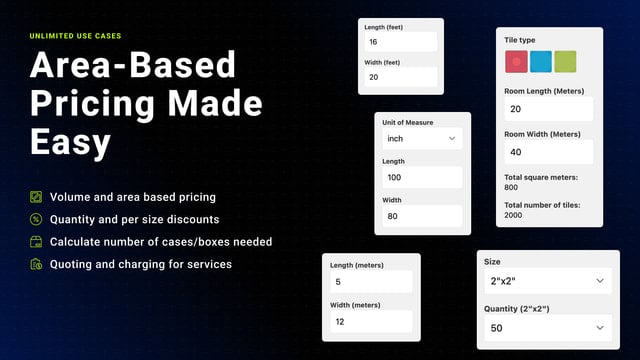 Area-based pricing tool with volume and discount calculations.