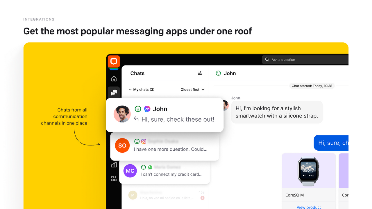 A chat list inside LiveChat with messages from social media.