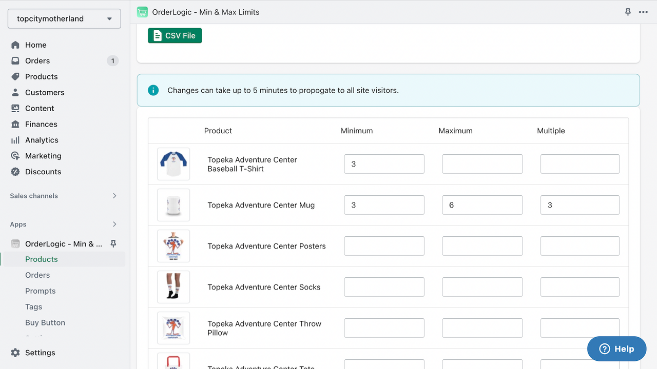 products interface for setting limits