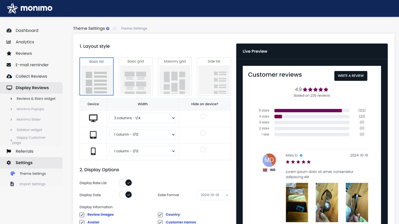 Display reviews, monimo admin, beautiful reviews, reviews layout