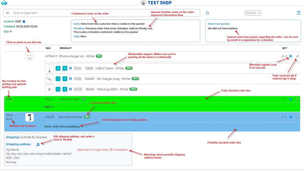 Check orders, packing notes, virtual products and picking lists