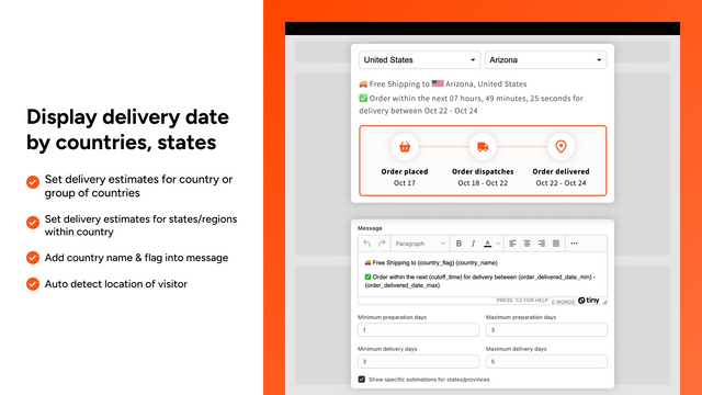 Display delivery date by countries, states