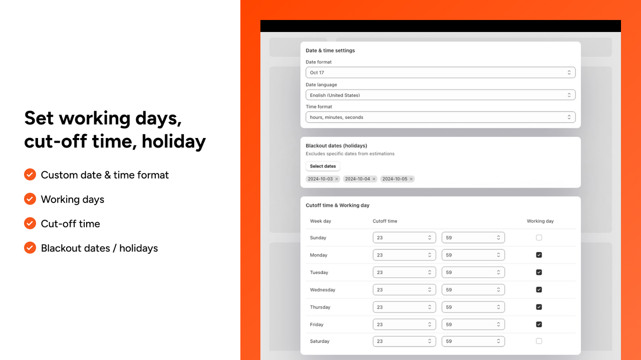 Set working days, cut-off time, holiday