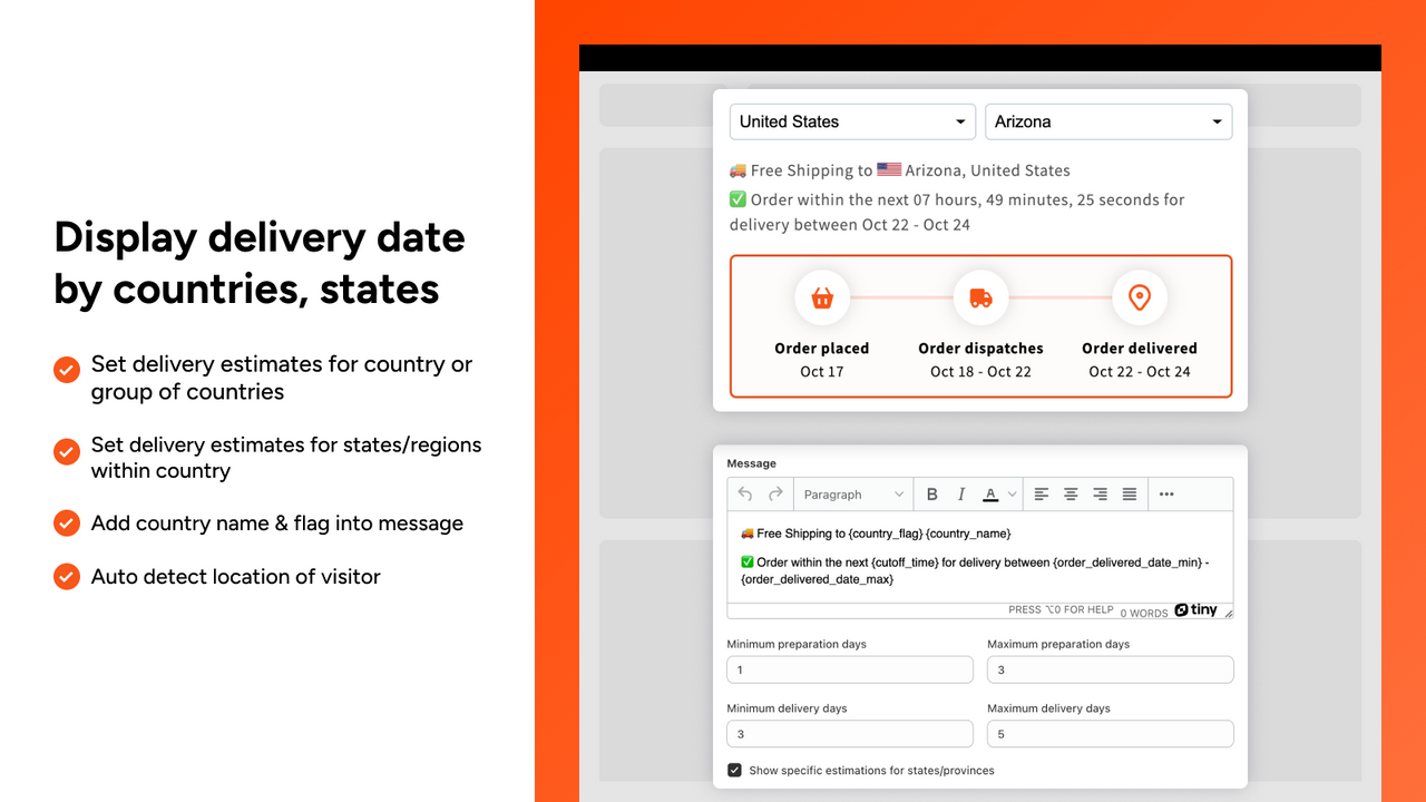 Display delivery date by countries, states