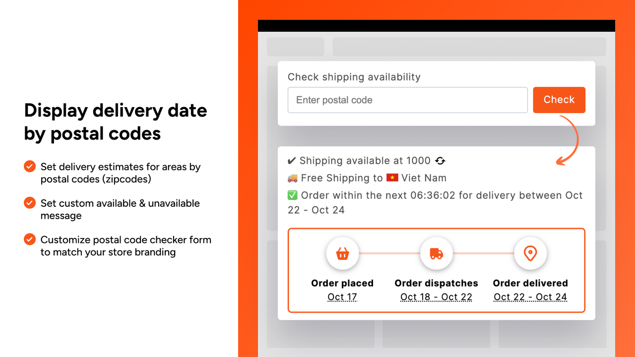 Display delivery date by postal codes