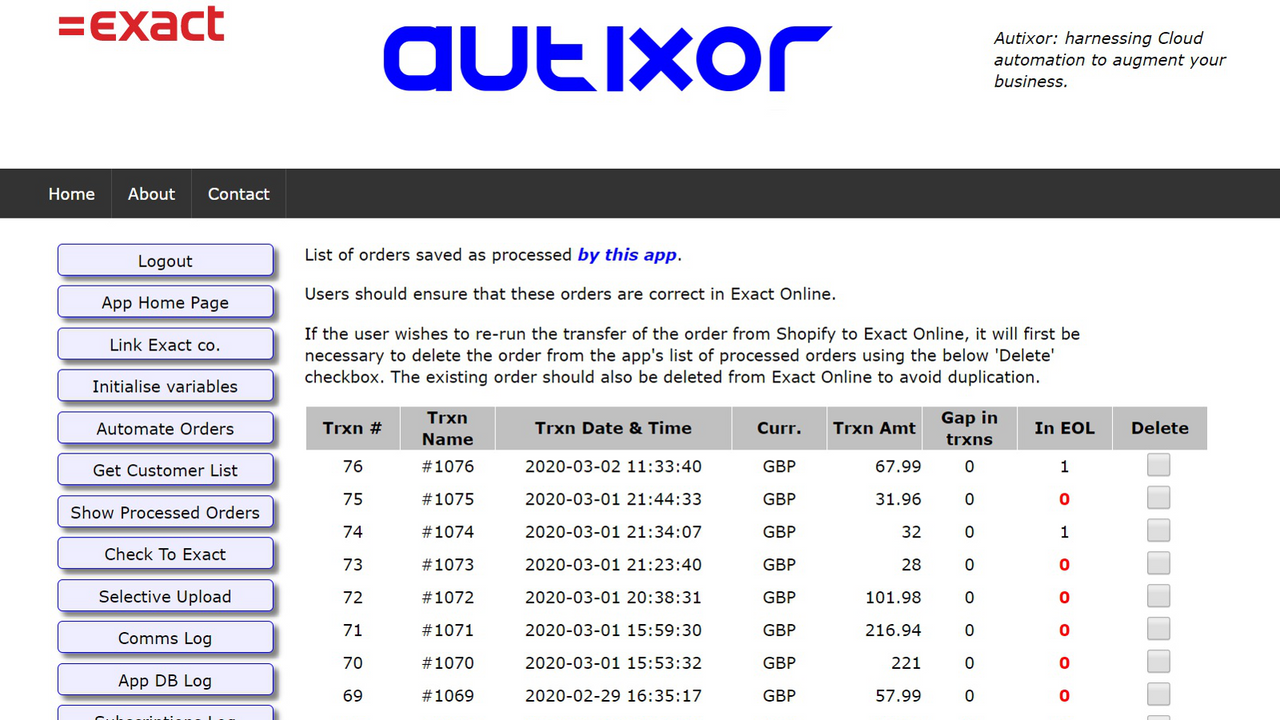 Autixor list of processed orders