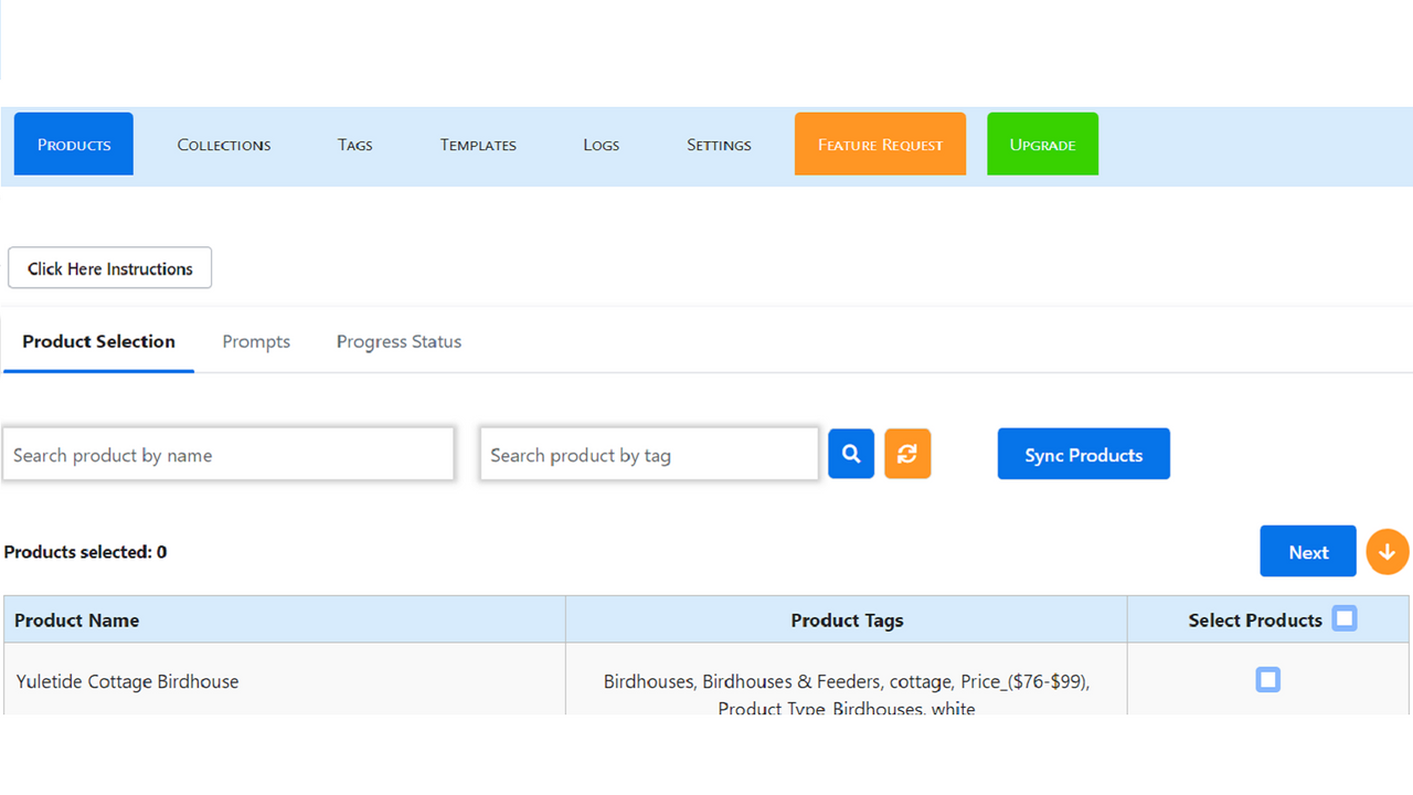 Select products to update products & image alt text with AI