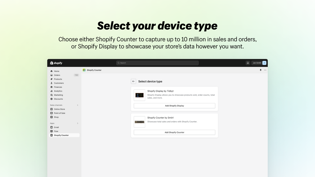 Two devices are shown: Shopify Display and Shopify Counter