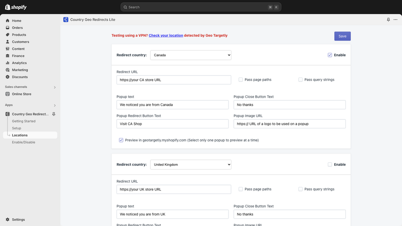 Select countries to redirect and specify redirect URL