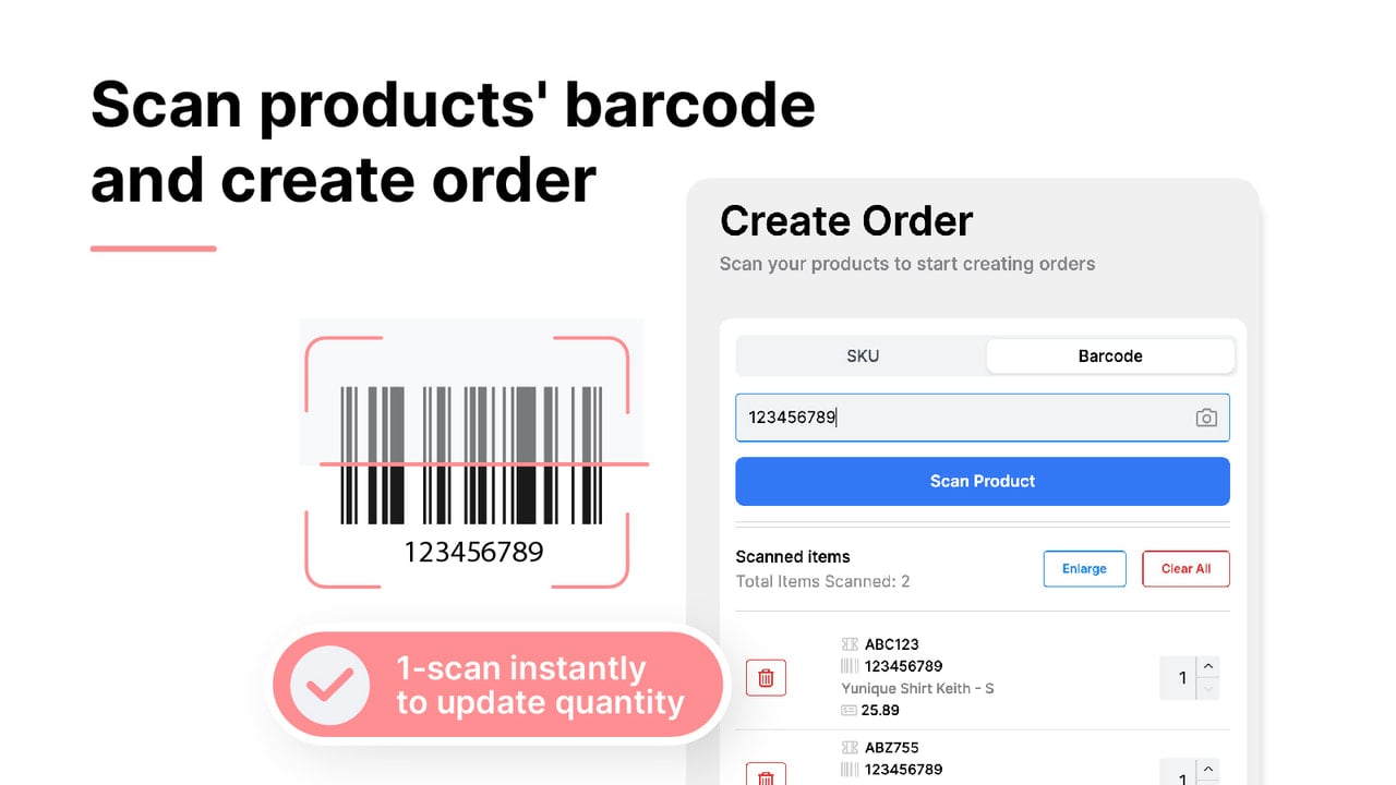 Scan products' barcode and create order