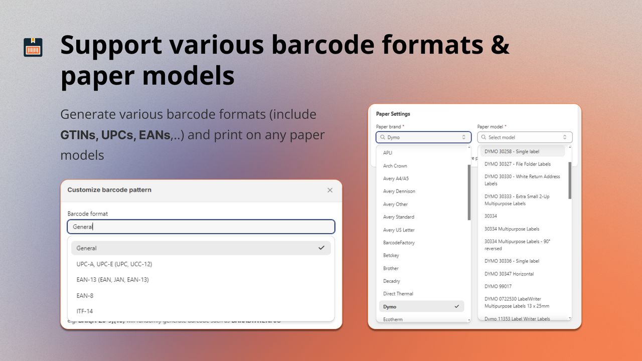 Support various barcode formats & paper models