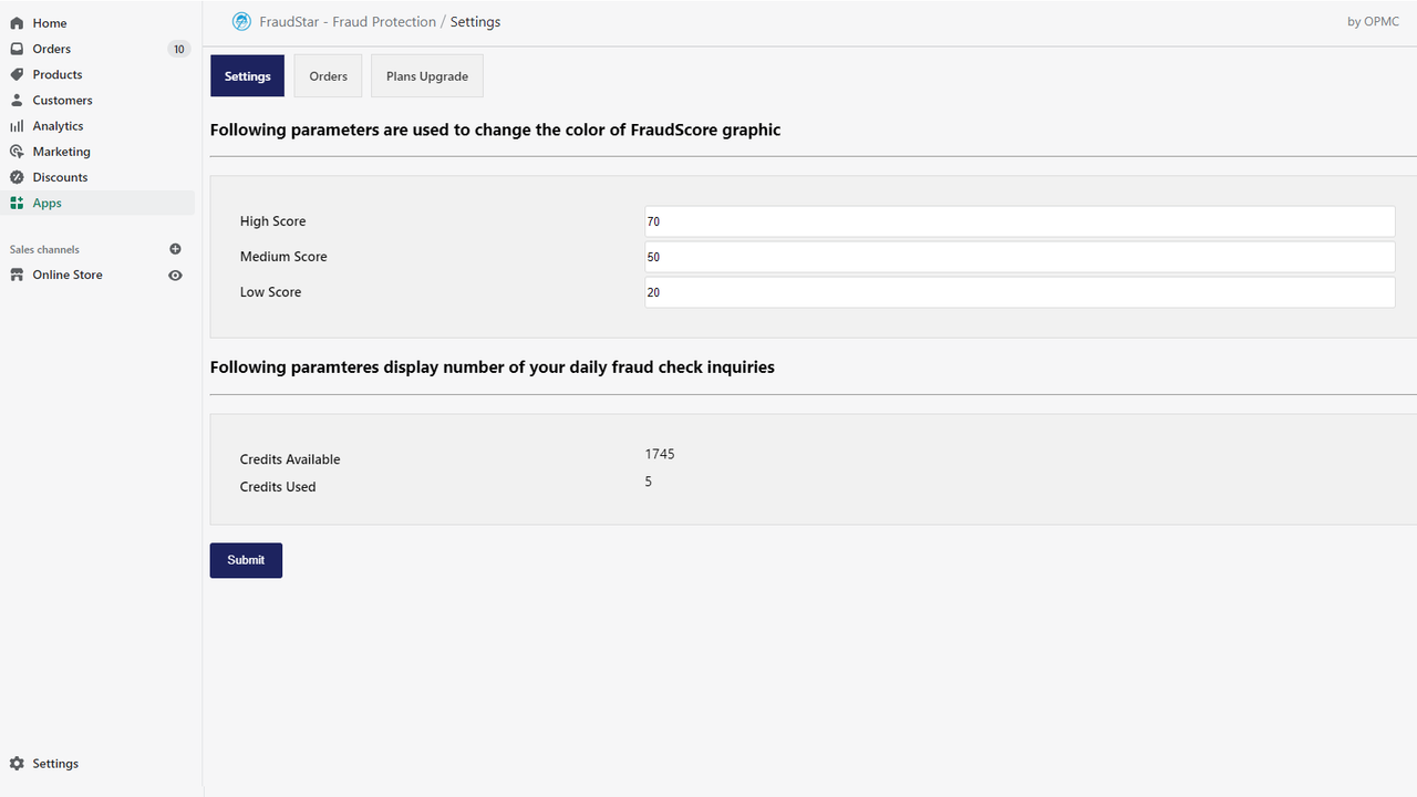 FraudStar settings page