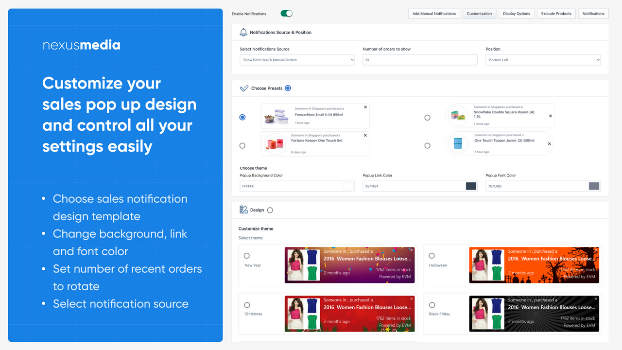 Customize your sales pop up shopify design and control settings