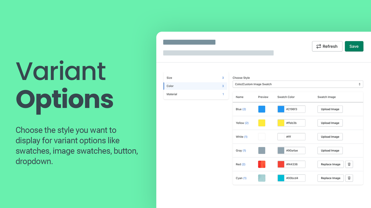 Variant options with custom colors and image swatches