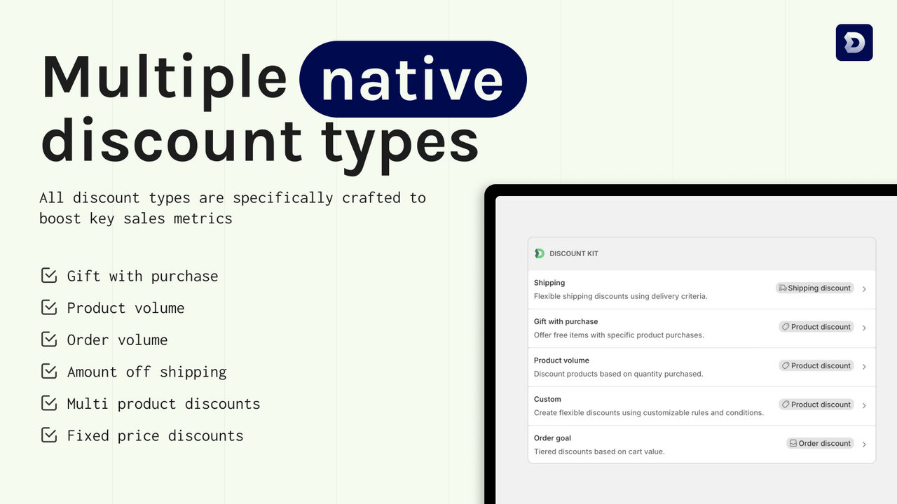 Discount Kit discount types appear natively
