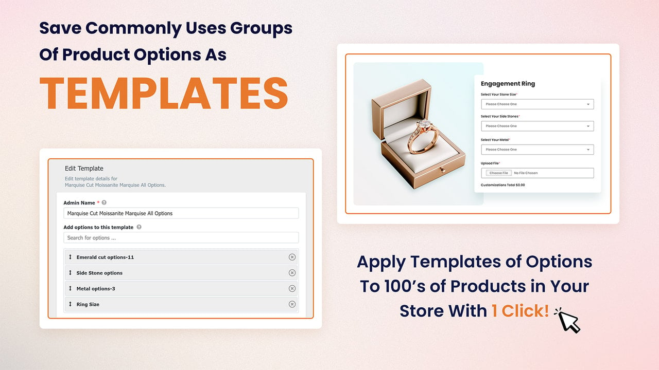 Templates of options for Shopify Product Customizer app