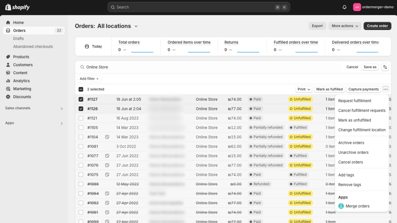 Manually select orders to merge from the orders page.