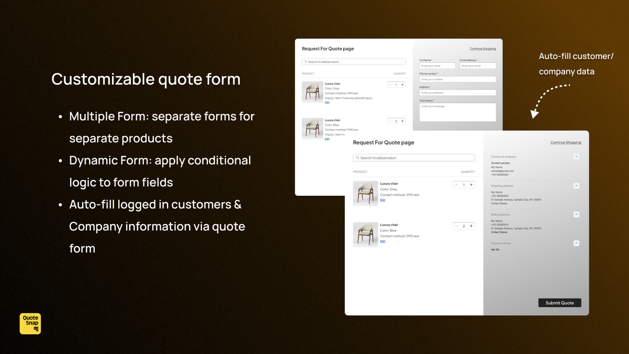 quote snap customize request quote form to get quote