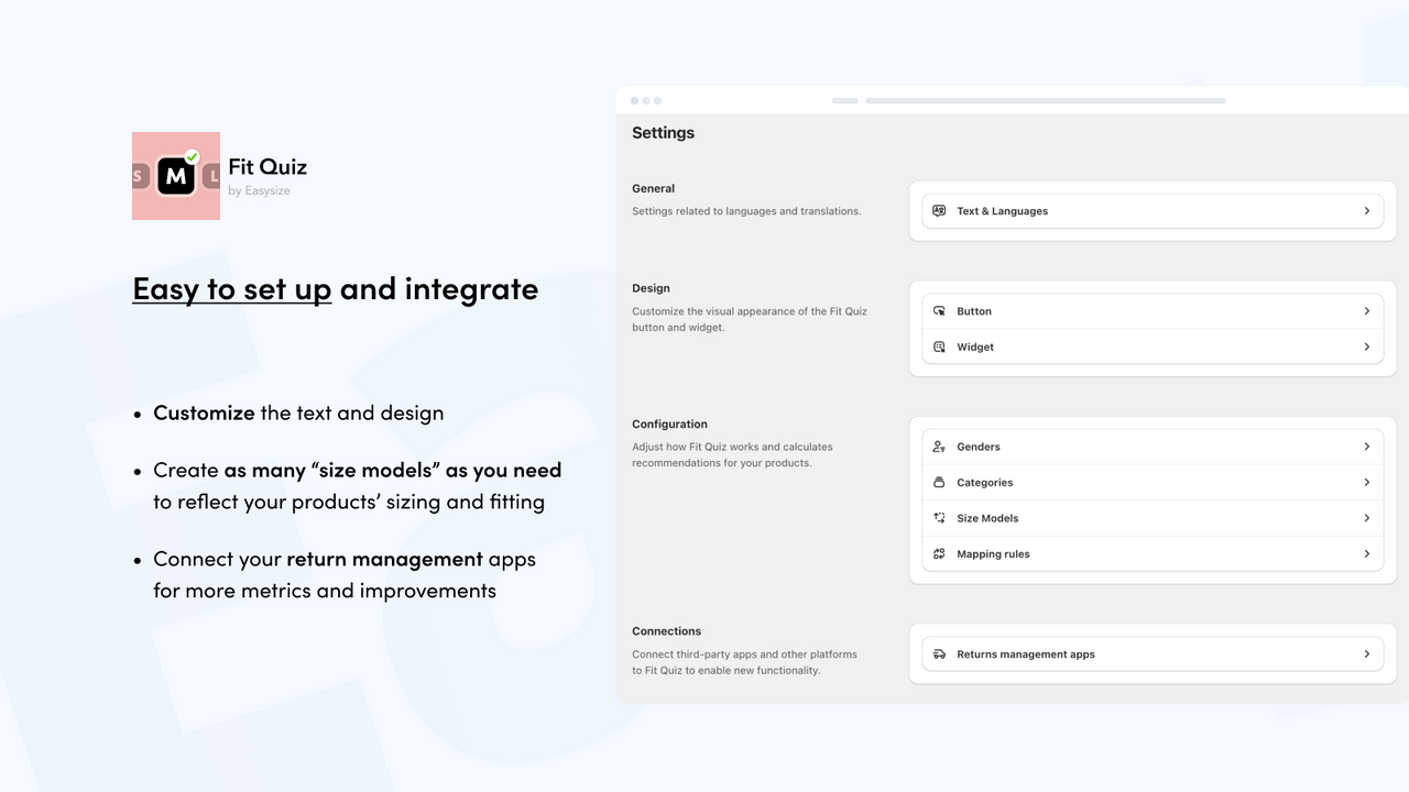 Integrate, customize and configure for your shop in minutes