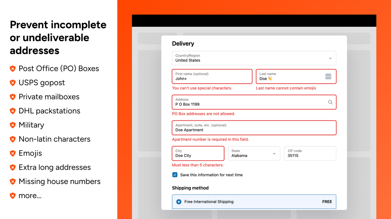 Prevent incomplete or undeliverable addresses