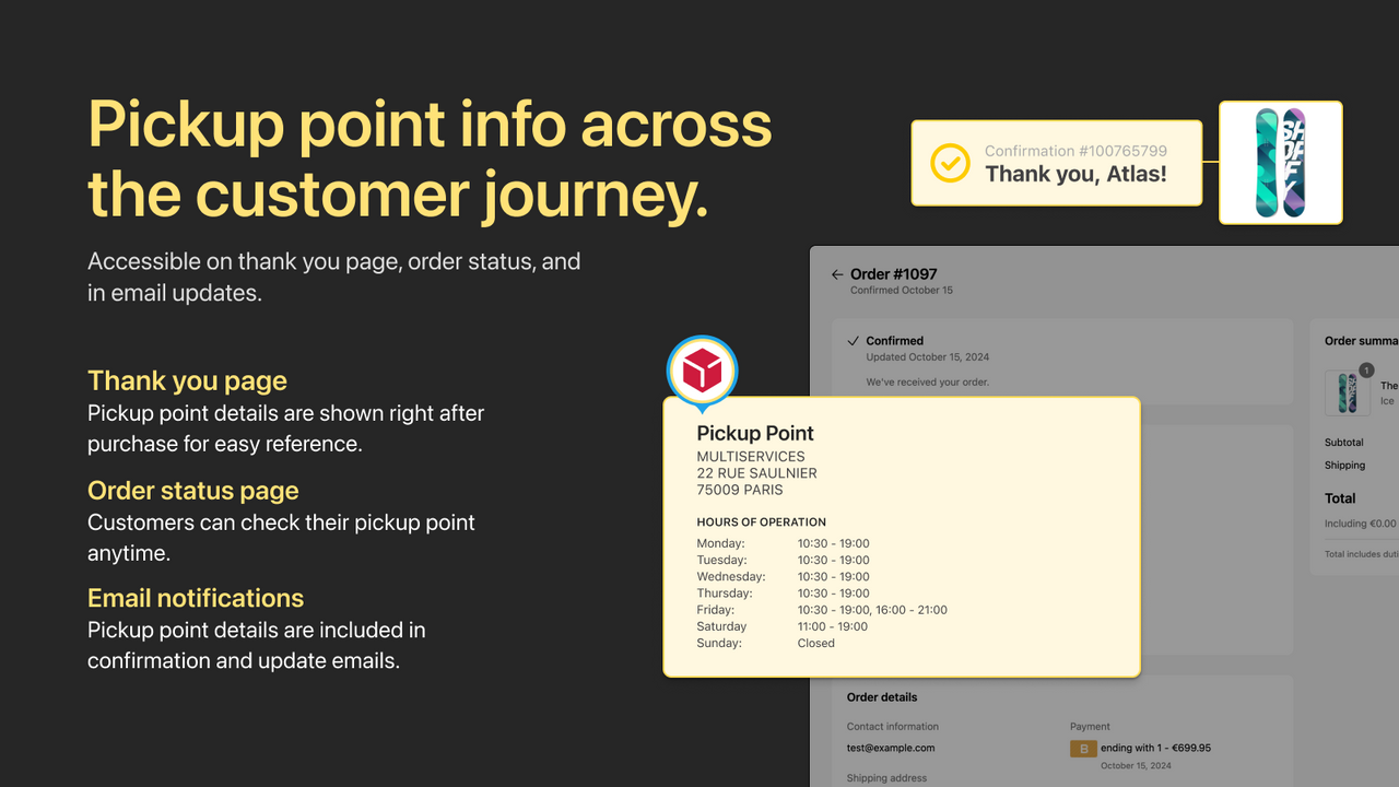 Pickup point info is visible across the customer journey