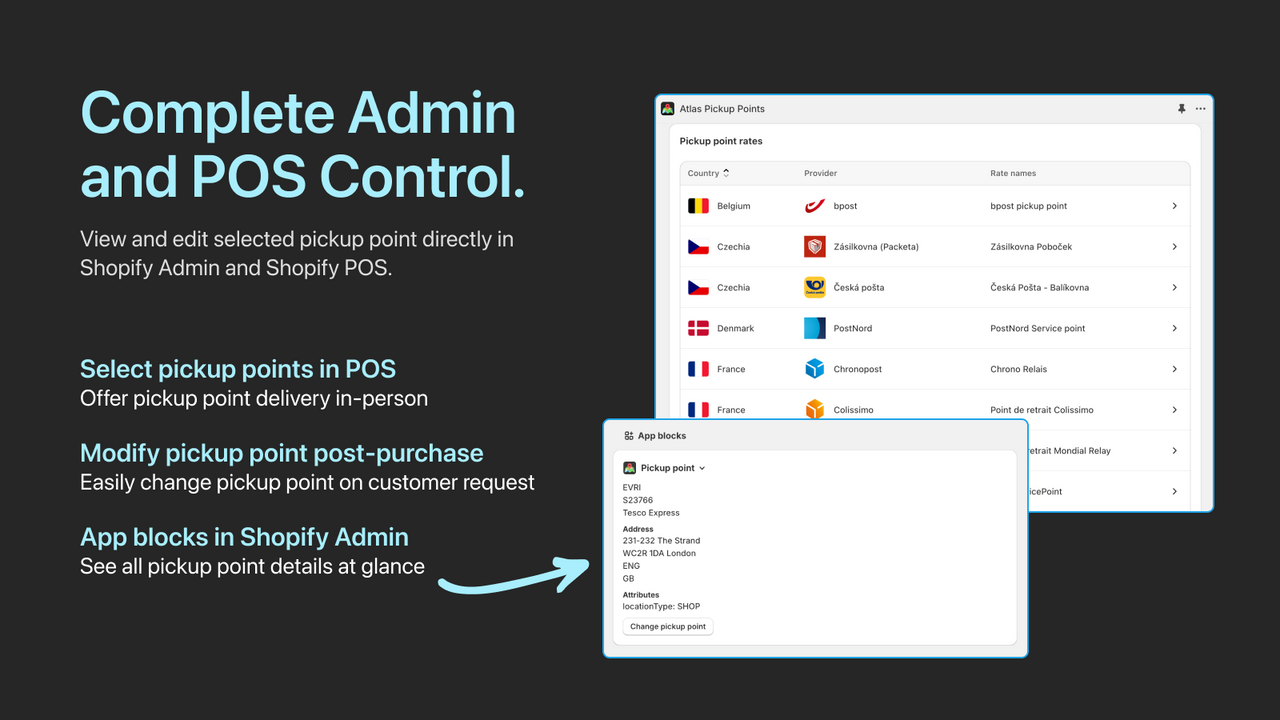 Pickup point selection in Shopify Admin & Shopify POS