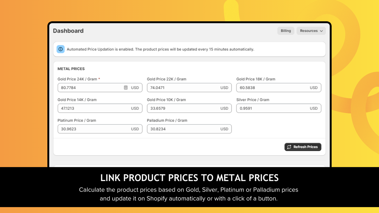 Calculate product prices based Gold, Silver and Platinum prices.