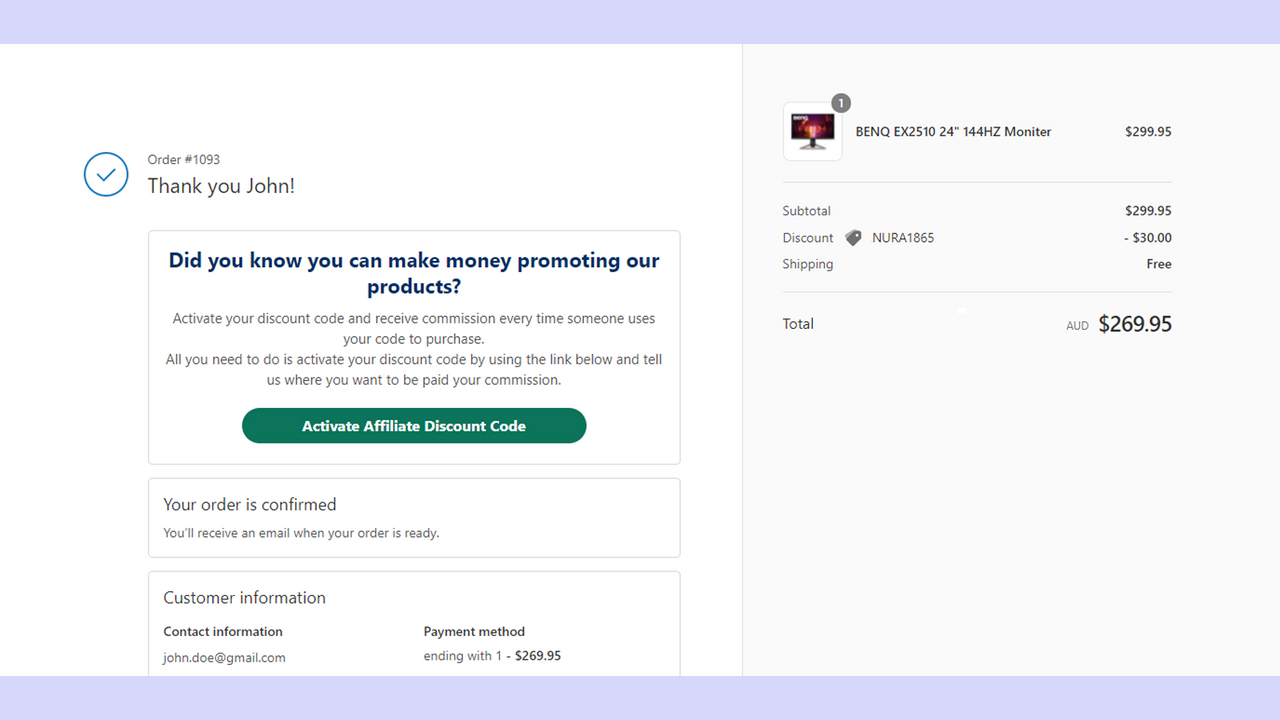 Affiliate link automatically made on order confirmation page