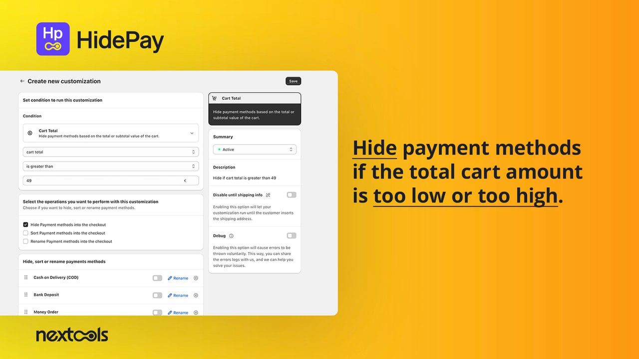 HidePay Hide, Sort & rename payment_methods