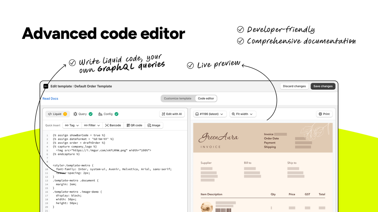 Advanced code editor, Schema, Liquid, Graphql