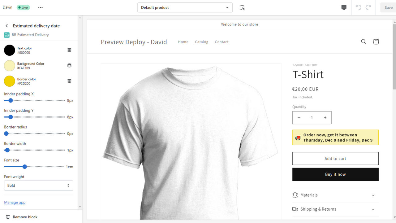 BB Estimated Delivery Widget inside the Shopify Theme Editor