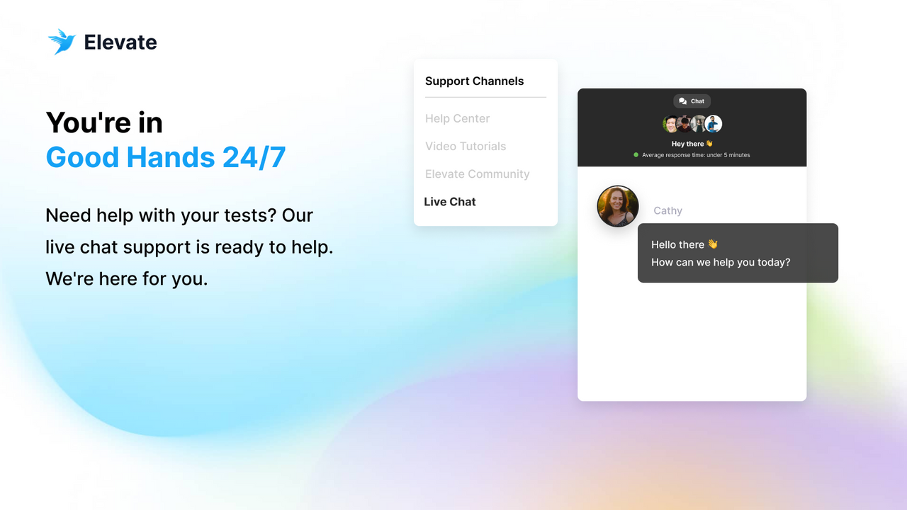 Elevate A/B Testing offers customer support through live chat