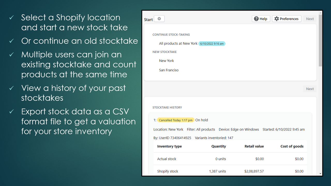 Select location for stocktake