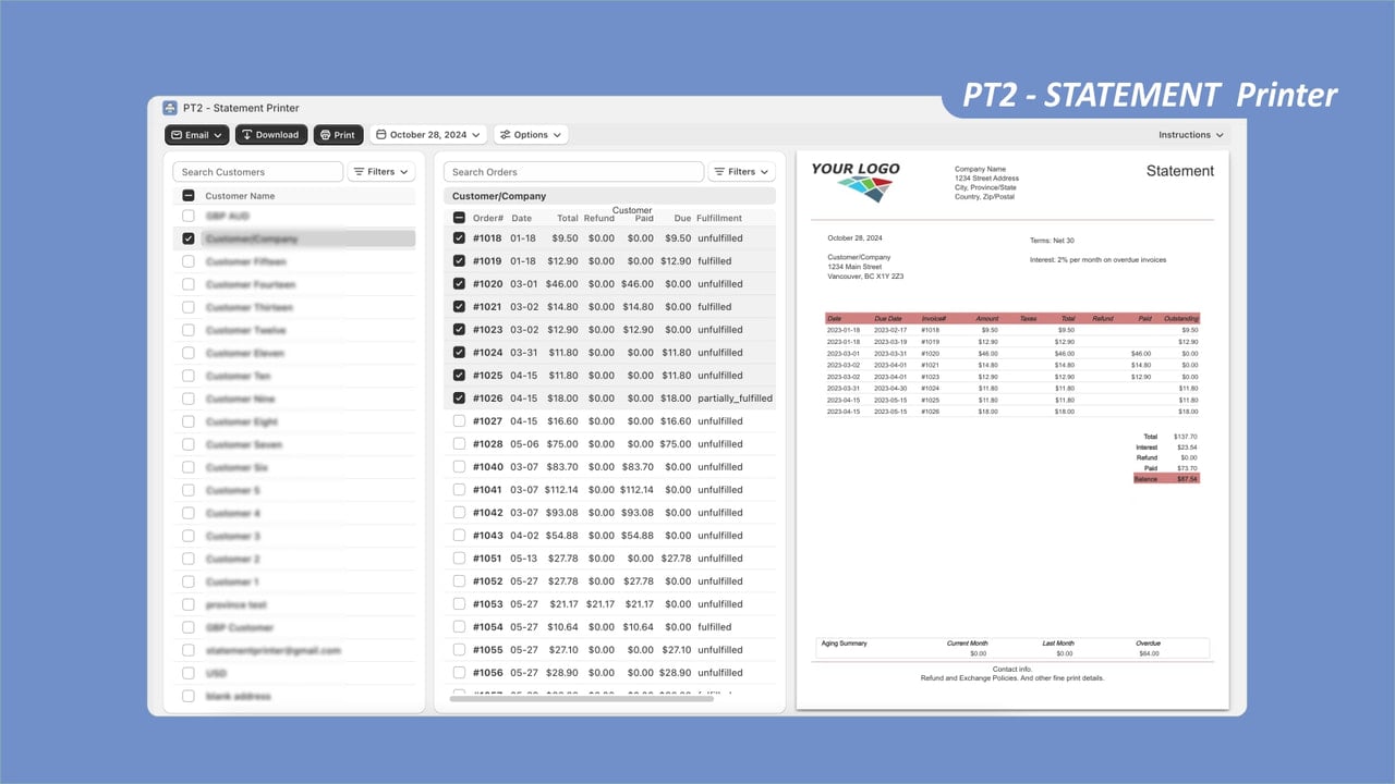 PT2 Statement Printer App - customize statement screenshot