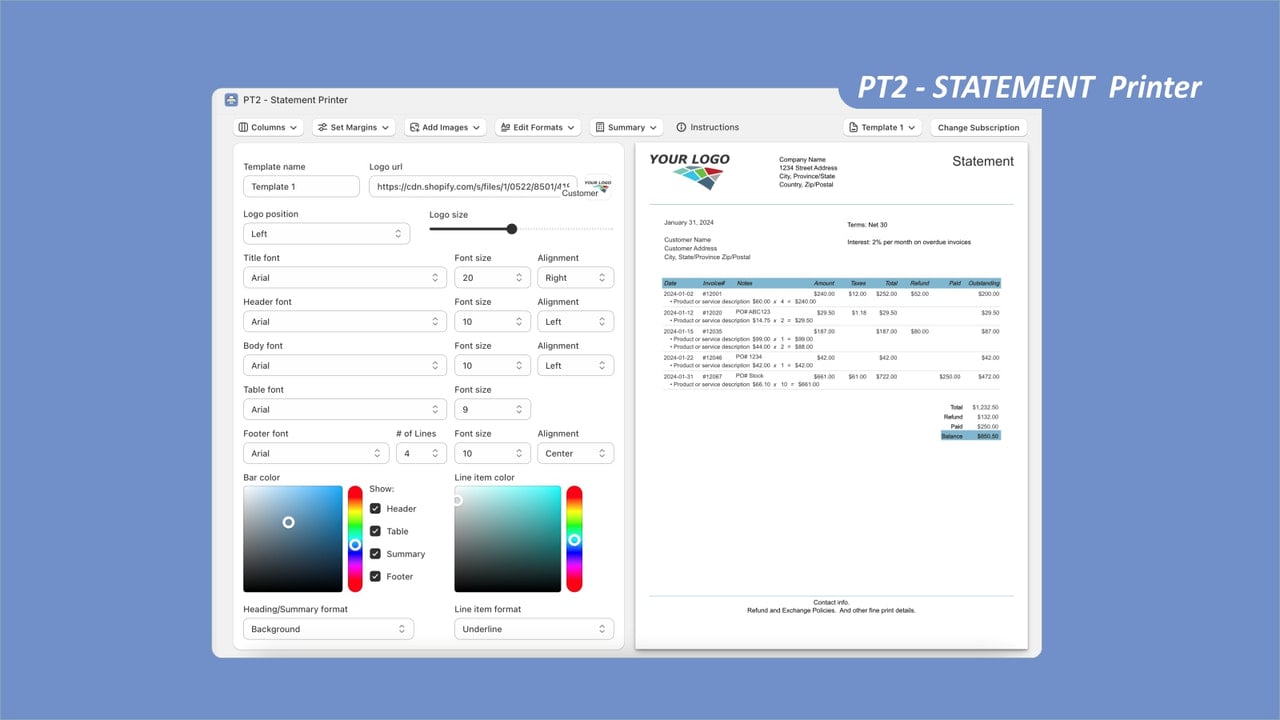 PT2 Statement Printer App - create statement screenshot