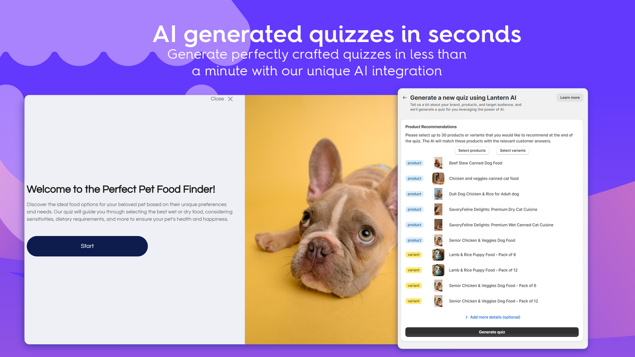 AI generated quizzes in less than a minute with product matching