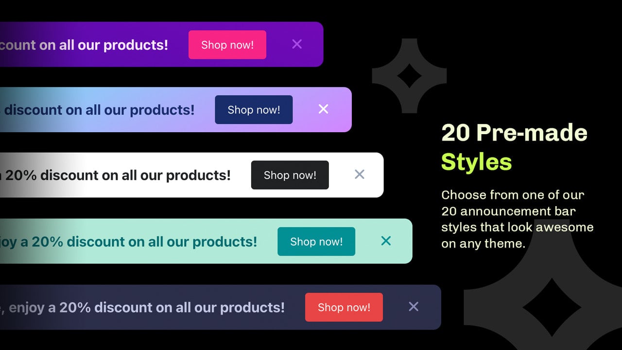 Essential Shopify announcement bar app has 20 pre-made styles