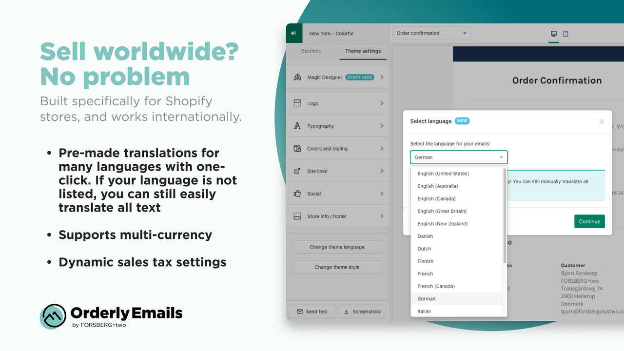 Sell worldwide, translation & multi-currency for all your emails