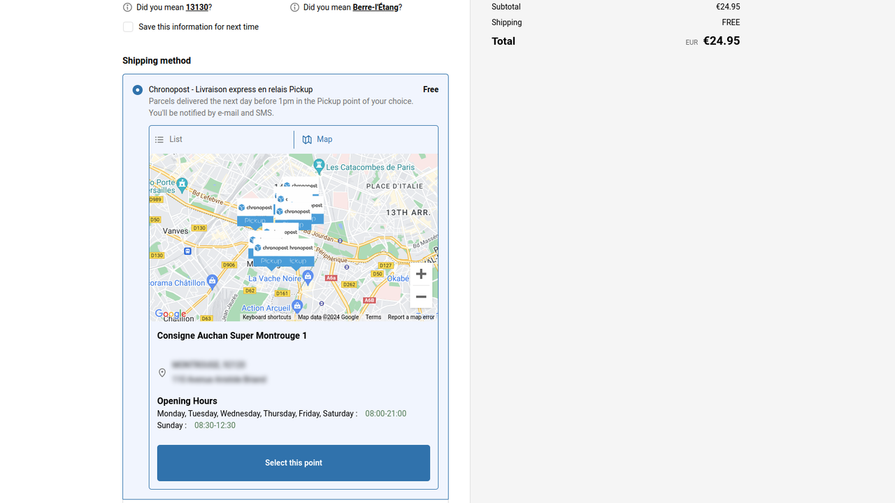 Map to select the Parcels inc. opening hours details