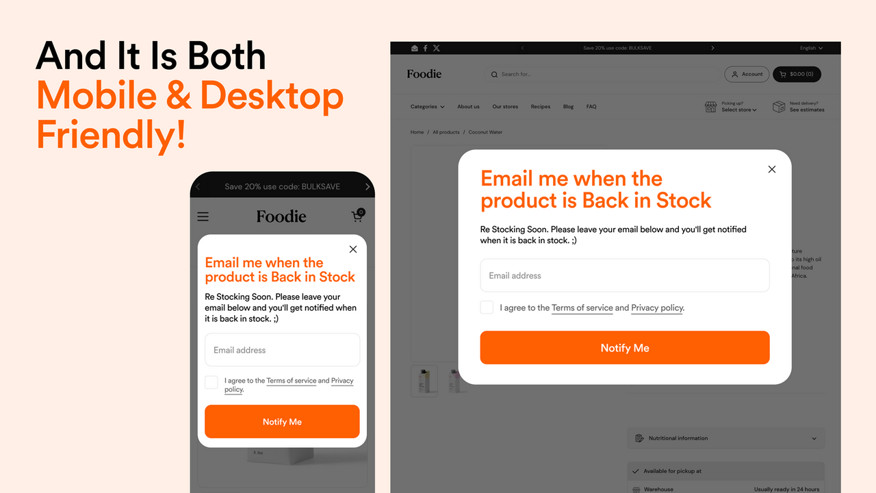 shopify back in stock notification adaptive for desktop mobile