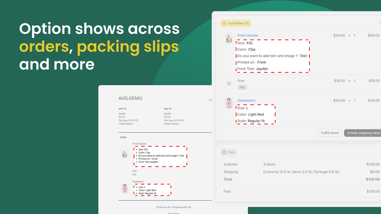 Option display in Order, Email, Packing slip, Invoice and more