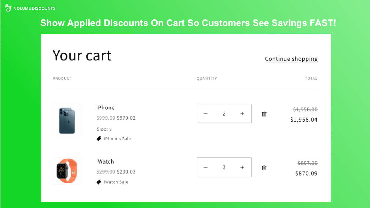 Volume discounts are visible next to each cart item.