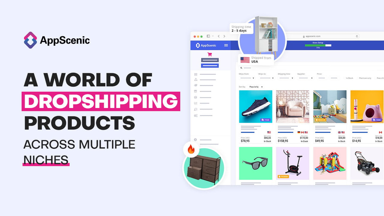 Large product selection of products to dropship via Appscenic