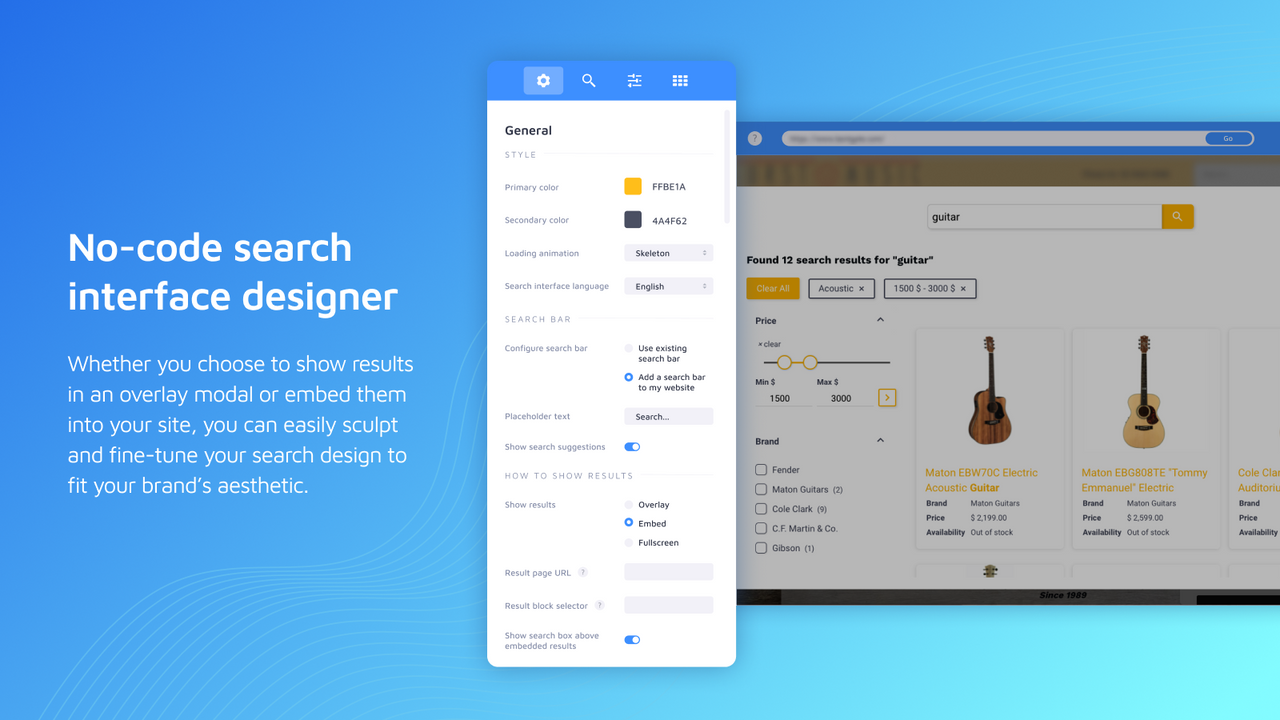 Flexible, no-code search and filter interface designer