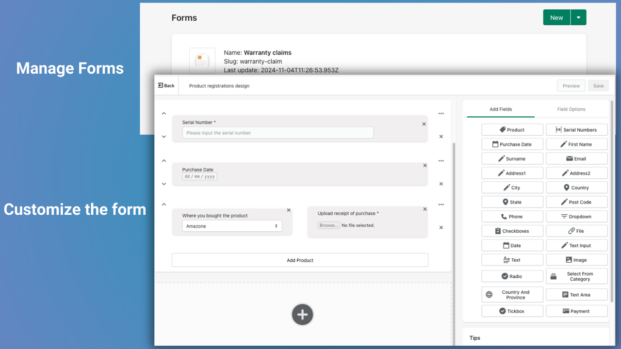 Form listing and customize the form