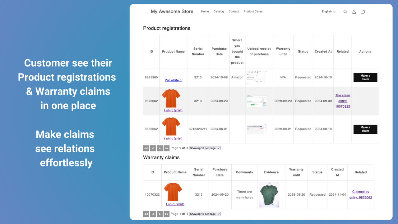 Customer see their product registrations and claims