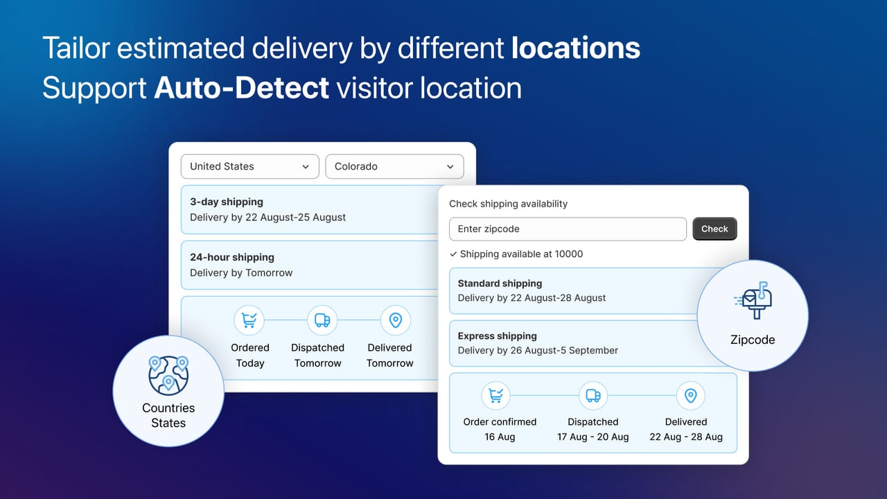 Show delivery message by regions, countries, states, zipcodes