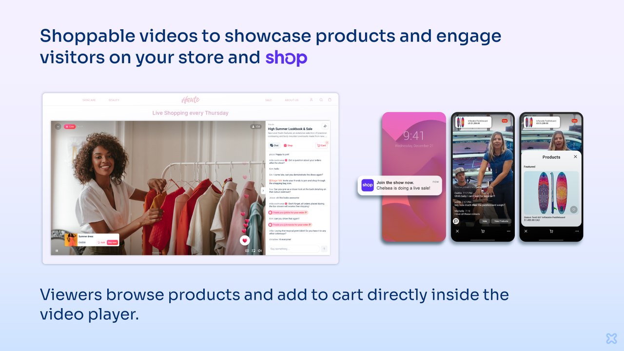 Shoppable video in an interactive player on your store and Shop